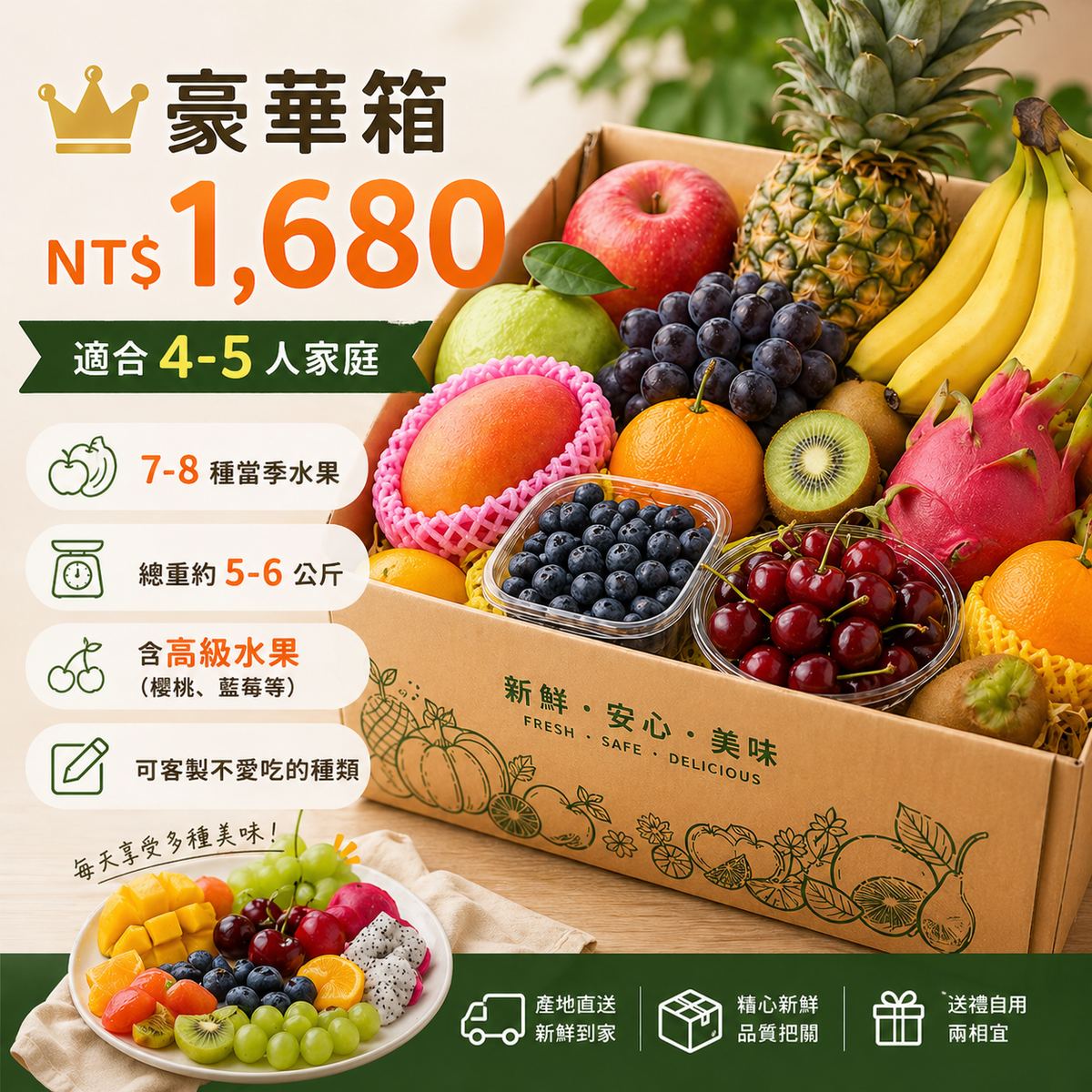 豪華水果箱：7-8種當季水果，含櫻桃藍莓等高級水果，適合4-5人家庭